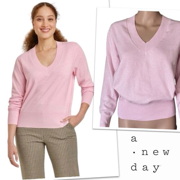 A New Day Heathered Pink Fine Gauge V-neck Sweater - Size Extra Small - Picture 1 of 7